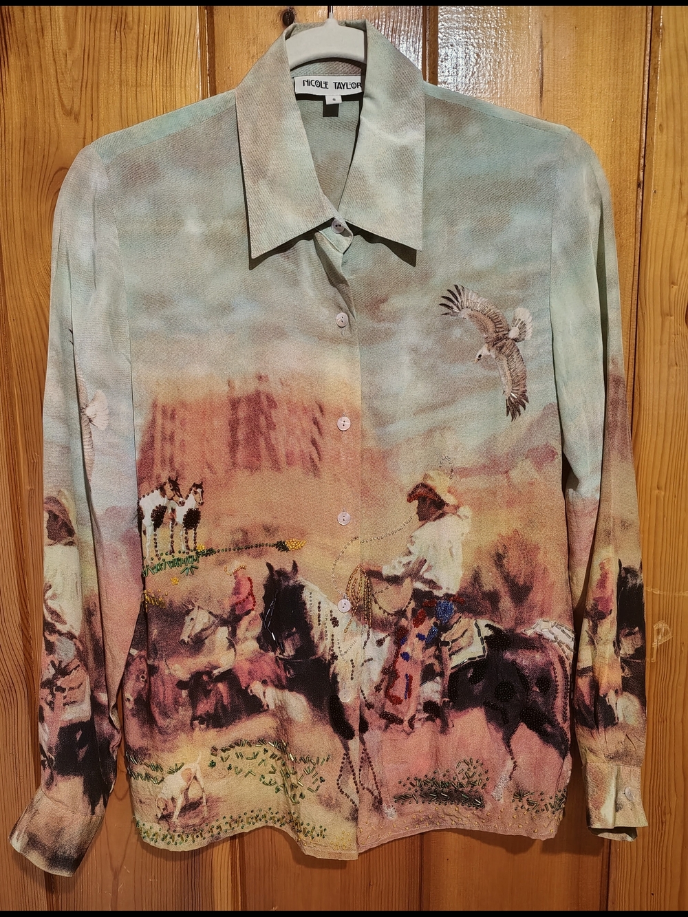 Vintage Nicole Taylor 100% Silk Western Cowboy Horse Beaded Blouse Women's S